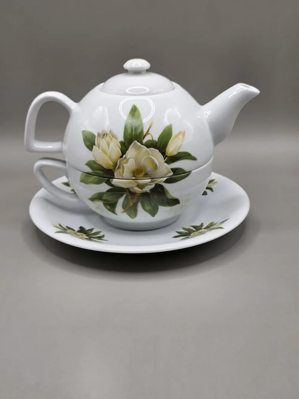 Vintage Porcelain Tea For One Stacking Teapot Cup Saucer Set Magnolia Floral